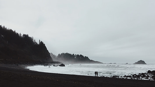 silhouette of 2 person standing near sea shore under gray sky thumbnail