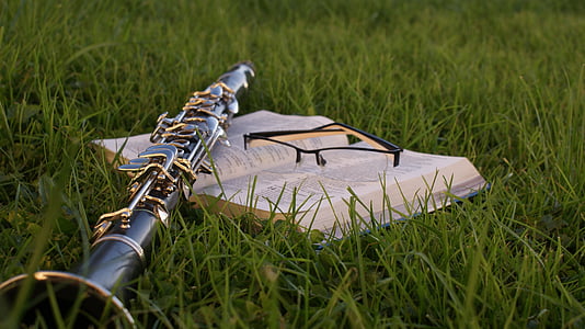close-up photo of flute above book on grass thumbnail