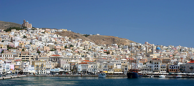 Panoramic view of the harbour Coastline in Ermoupoli, Greece thumbnail