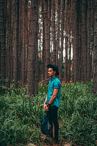 man in green western shirt and black denim jeans with black fedora hat standing in forest holding green and black backpack photoshoot thumbnail