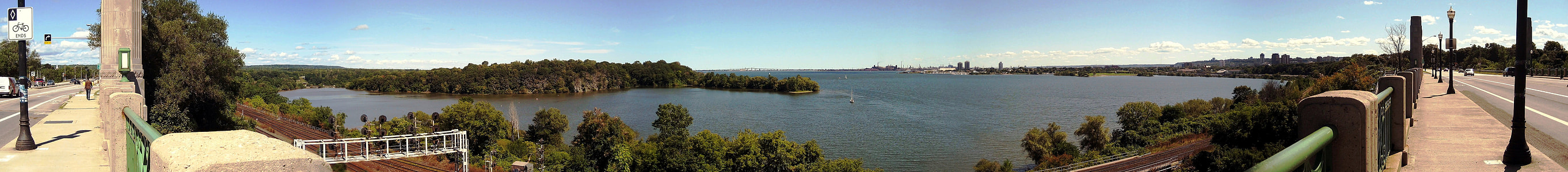 Panoramic view of Hamilton Harbour from T.B. McQuesten High Level Bridge in Ontario, Canada thumbnail