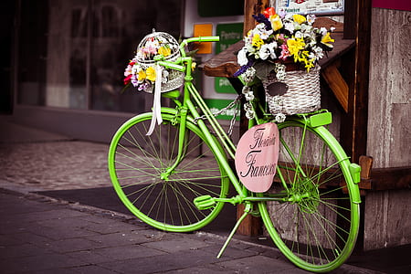 parked green commuter bike with basket of flowers thumbnail