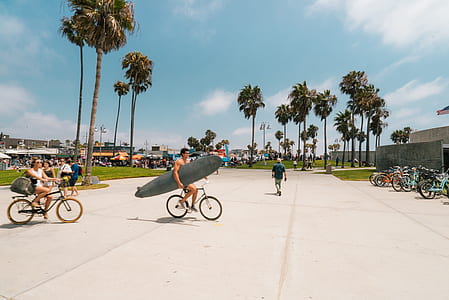 man biking while holding gray surfboard thumbnail