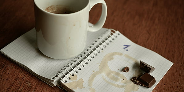 white ceramic mug and chocolate placed on notebook page thumbnail
