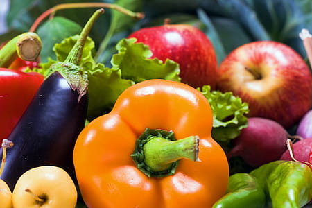 yellow bell pepper, eggplant,apples and green chili thumbnail