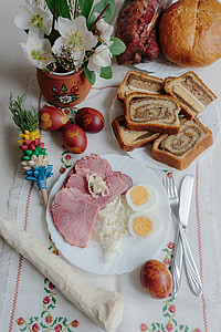 ham and hard-boiled egg on plate thumbnail