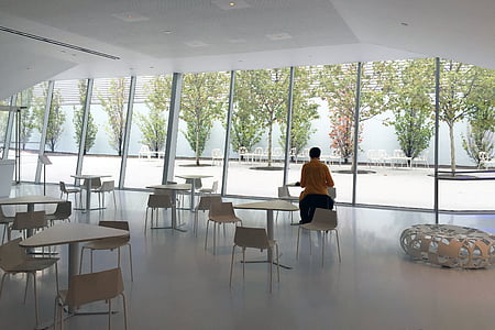 person wearing orange shirt standing in front clear glass windowpane thumbnail