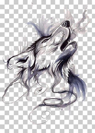 Gray wolf Tattoo ink Flash Drawing, Wolf, gray and black smoky effect illustration PNG clipart