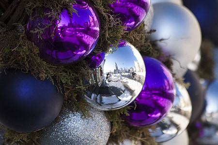 purple and gray Christmas baubles mounted on tree thumbnail