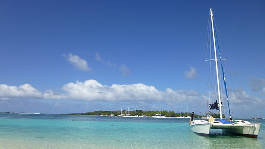 catamaran boat on body of water near island thumbnail
