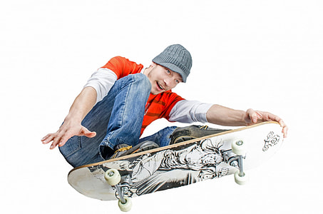 man in red and white shirt and blue jeans on white skateboard thumbnail