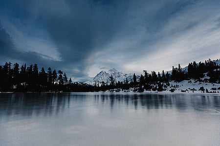 lake beside trees and white mountains thumbnail