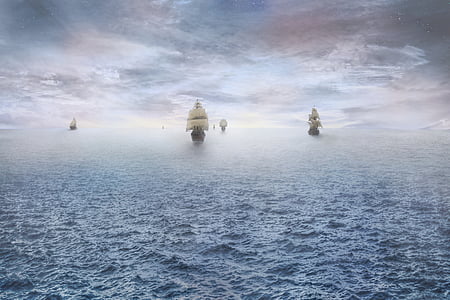six galleon ships on body of sea during daytime thumbnail