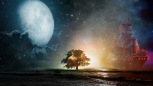 pirateship near tree with moon wallpaper thumbnail