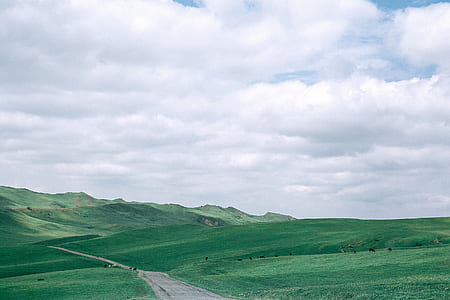 green grass field with road that leads into mountains under cloudy sky thumbnail
