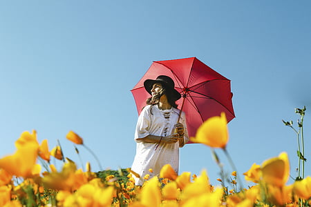 woman standing on yellow petaled flowers holding umbrella during daytime thumbnail