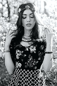grayscale photo of woman in floral dress thumbnail
