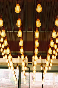 yellow hanging LED bulbs inside room with glass walls thumbnail