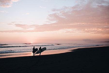 two person holding surfboards while walking on seashore thumbnail