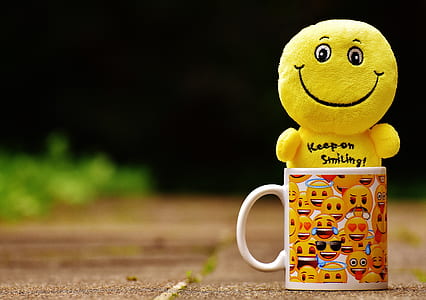 yellow smiley plush toy on mug on brown floor at daytime thumbnail