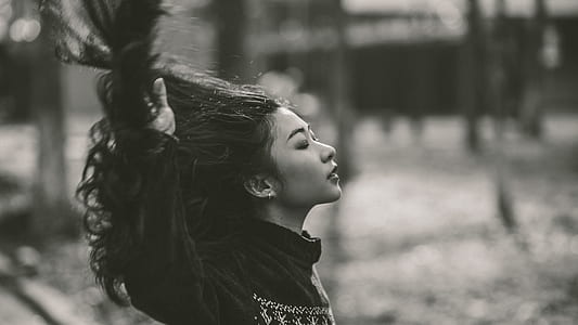 Gray Scale of Woman in Black Crew Neck Long Sleeve Shirt thumbnail