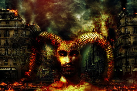 black, blue, and orange devil digital wallpaper thumbnail