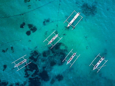 topview of five white fishing boats on blue ocean during daytime thumbnail