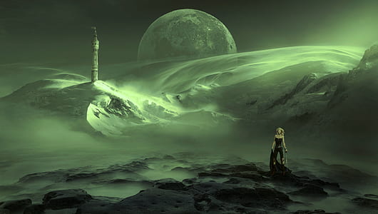 woman standing on rocks with tower and moon on background illustration thumbnail