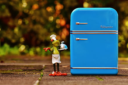 green chef frog figurine beside the blue refrigerator toy thumbnail