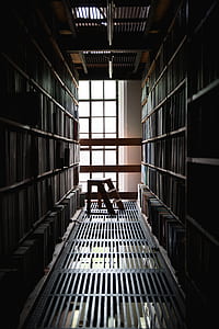 brown step stool between bookshelves thumbnail