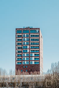 minimalist photography of high-rise building under calm blue sky thumbnail