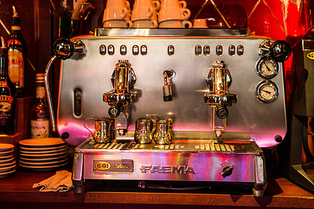 An expresso coffee machine sits in a bar cafe in Central Paris, France. Image captured with a Canon 6D thumbnail