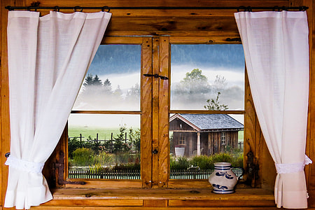 white and blue ceramic jar near brown wooden-framed glass window and white curtain thumbnail