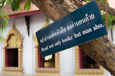 rectangular blue and white signage on tree at daytime thumbnail