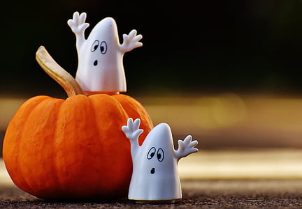 photograph of orange pumpkin with two white ghosts thumbnail