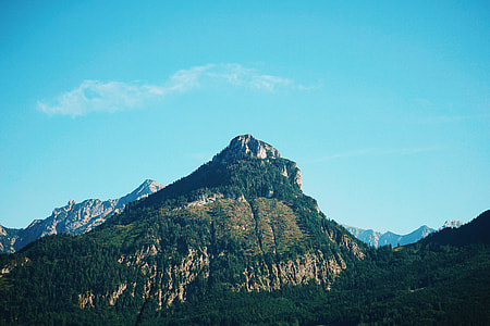 mountain with tall trees under white cloud blue skies thumbnail