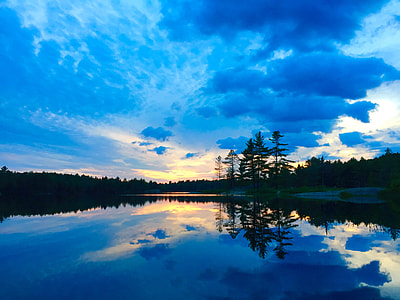 trees reflecting on glassy body of water panoramic photography thumbnail