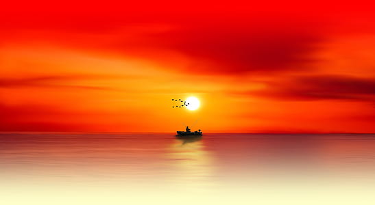 silhouette of person on boat during dusk painting thumbnail