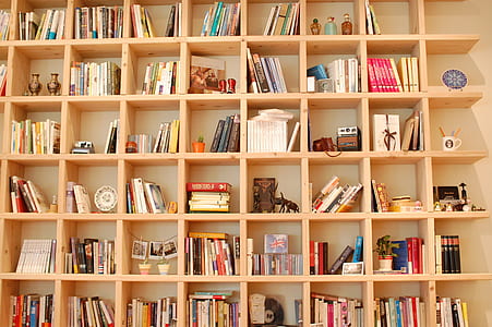 beige wooden bookshelves thumbnail