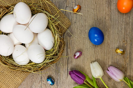 basket of eggs near tulip flowers thumbnail