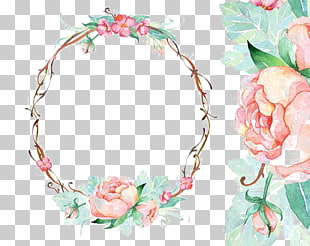Wedding invitation Paper Watercolour Flowers frame, Circular border, pink and green floral crown PNG clipart
