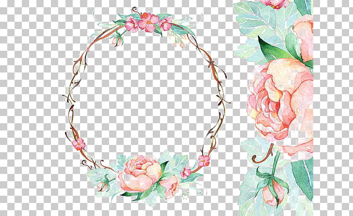 Wedding invitation Paper Watercolour Flowers frame, Circular border, pink and green floral crown PNG clipart