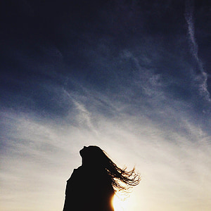sunset, girl, silhouette, long hair, woman, sky thumbnail