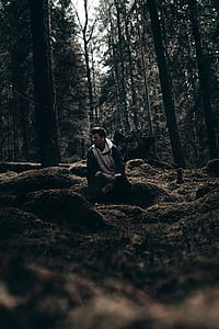 man in gray and black hoodie sitting on tree root during daytime lowlight photography thumbnail