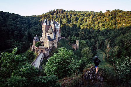person standing near trees and castle during daytime thumbnail