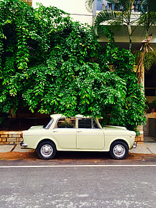 white vintage sedan parked on road side thumbnail