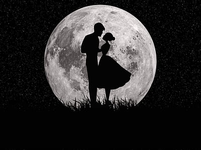 silhouette of man and woman standing on black surface under moon thumbnail