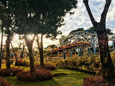 Roller Coaster Ride Near Trees Under Blue Clouds thumbnail