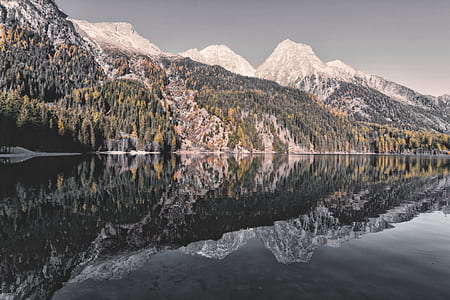 green and white mountains with trees near body of water thumbnail