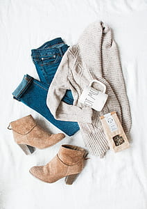 women's gray sweater, blue jeans and pair of brown suede booties thumbnail